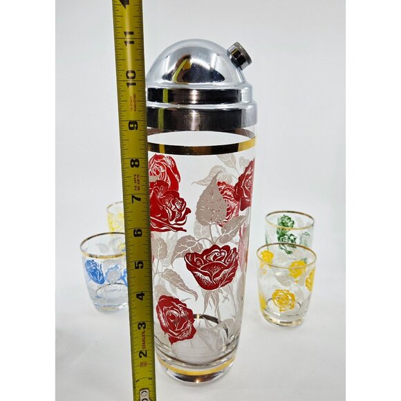 Hazel Atlas MCM Retro Rose-Pattern colorful Cocktail Shaker & Glass Set - Picture 9 of 10